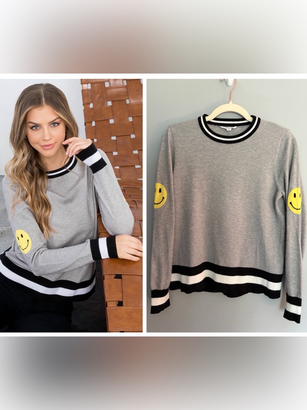 THML Harper Smiley Face Knit Sweater Women’s Size XS Heather Gray Yellow Ringer